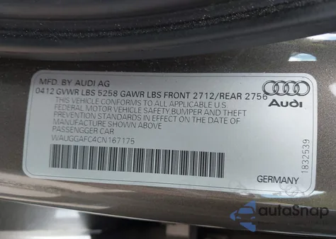 2012 Audi A6 3.0 Premium z USA, uszkodzony, nr VIN WAUGGAFC4CN167175